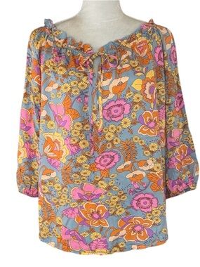 Retro Floral Peasant Blouse – Boho Tie Neck 3/4 Sleeve Size Unknown